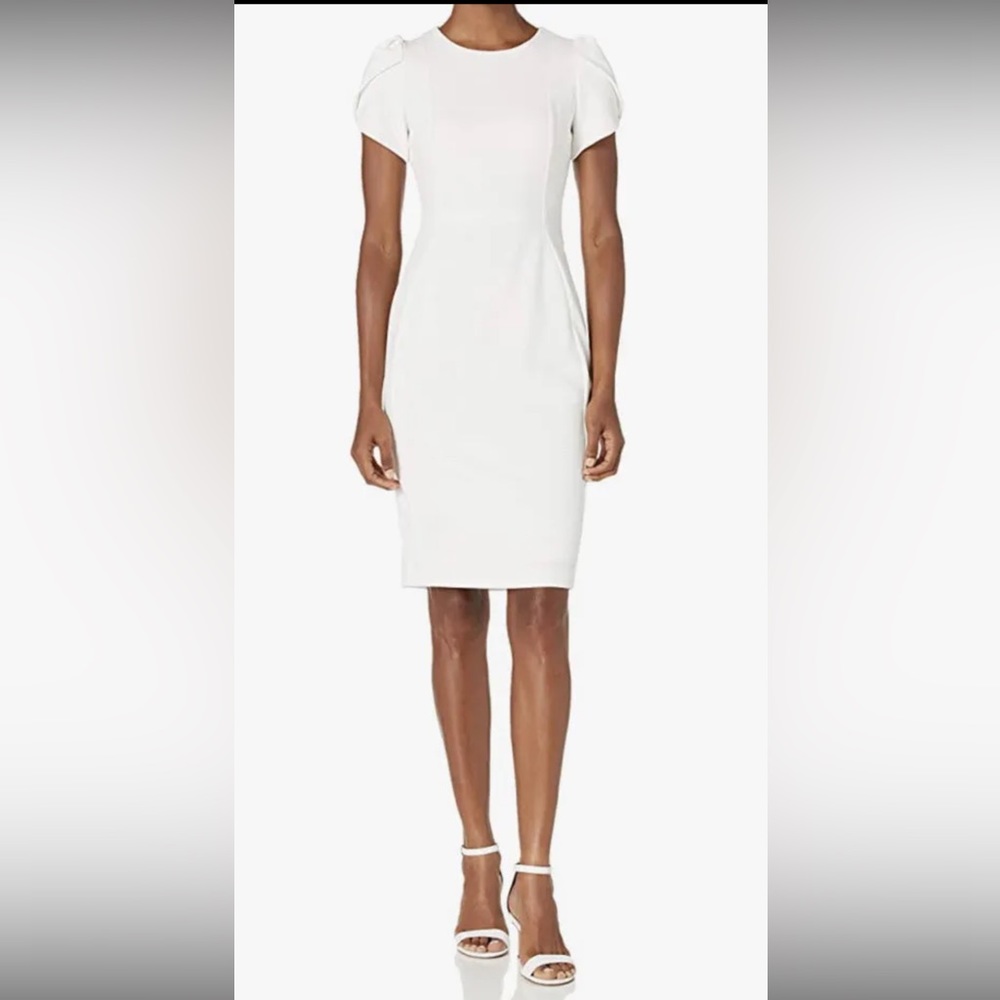 CALVIN KLEIN SHEATH DRESS, UNIQUE TULIP SLEEVE, WHITE CREAM COLOR